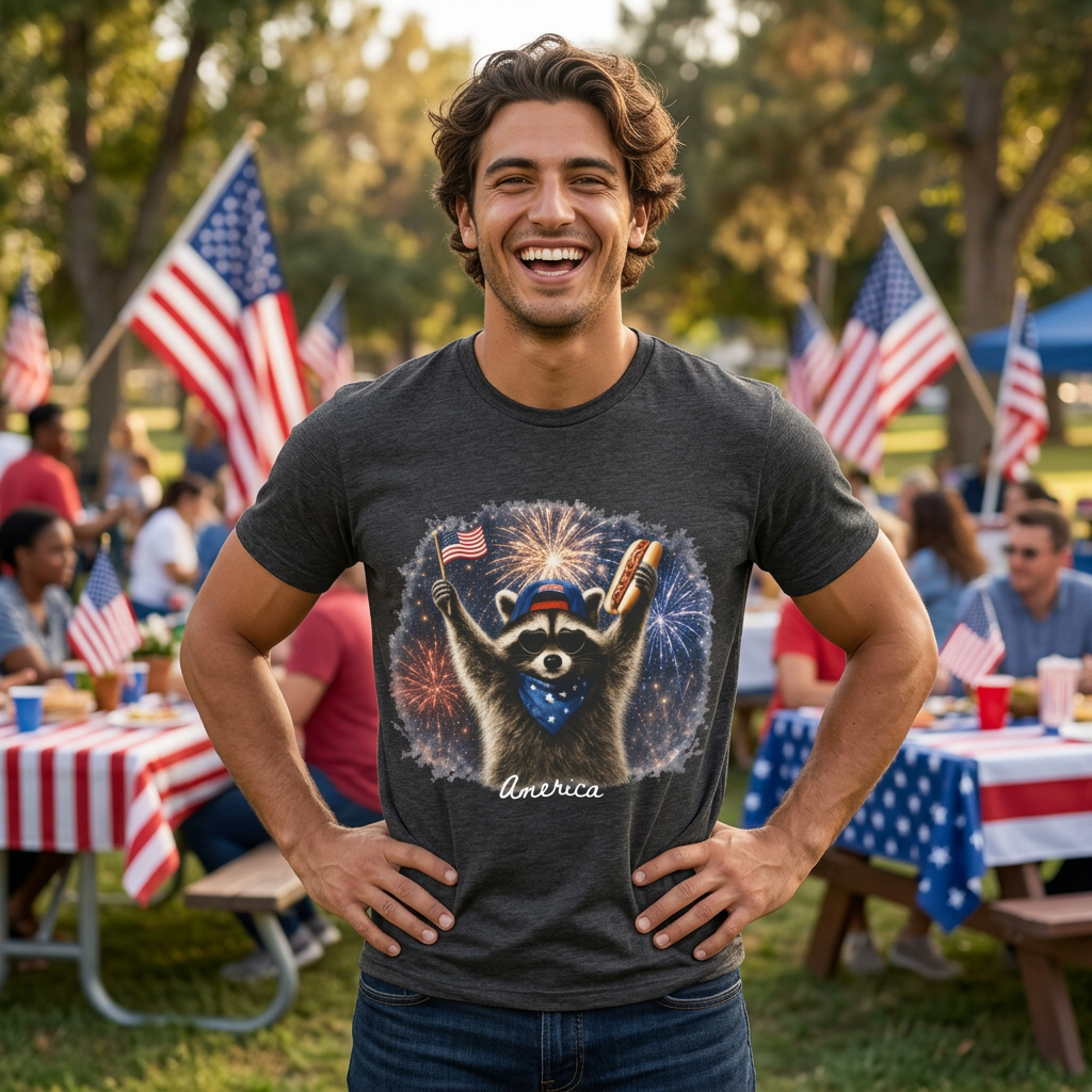 America Raccoon Fireworks Tee — Patriotic 4th of July Flag Shirt